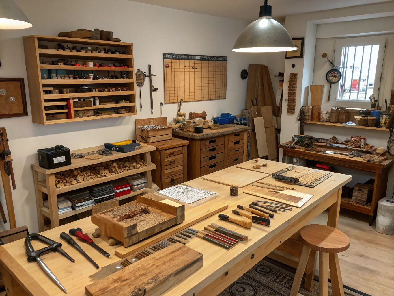 Warm artisan craft studio workshop table