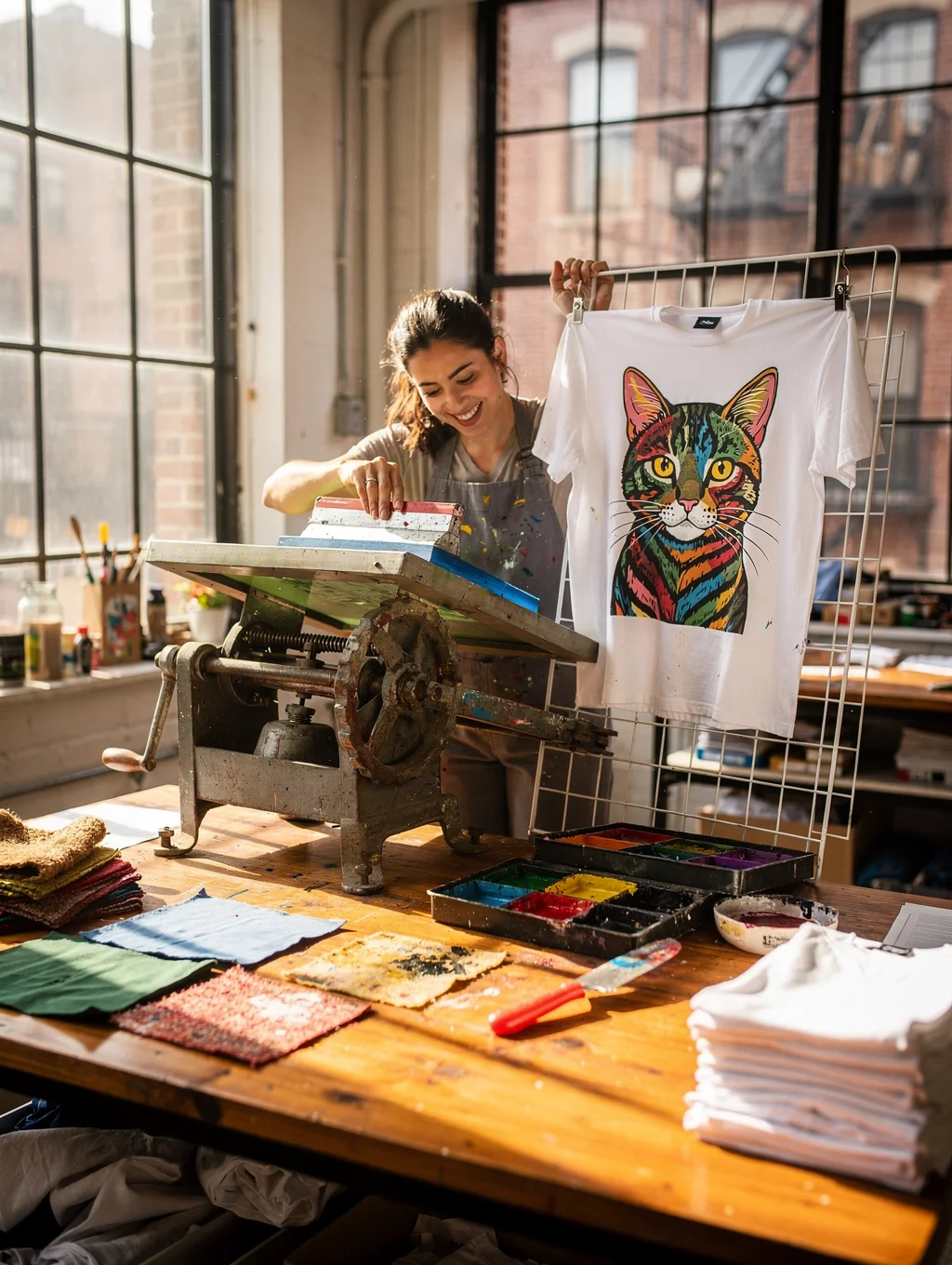 Maker at work screen-printing custom shirts in New York studio